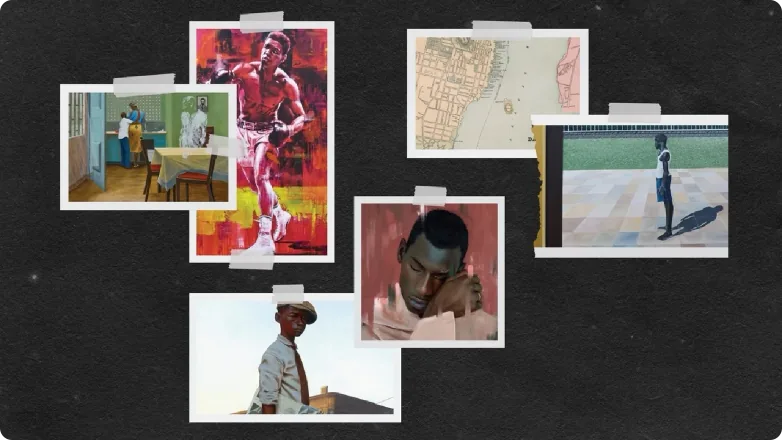 A textured collage slide from the Shadowboxing pitch deck